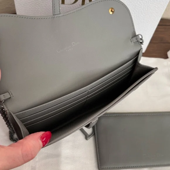 DIOR Ultra Matte Calfskin Leather Saddle Wallet on Chain in Grey - Picture 5 of 10